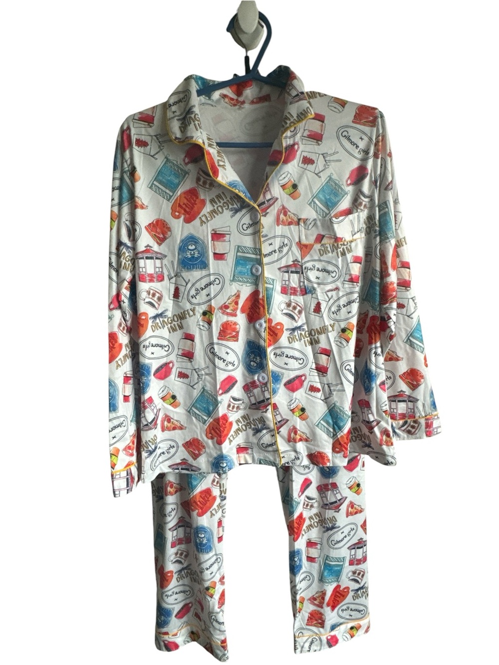 WOMEN’S 2-Piece Pajama Set – White Multicolor Graphic Lounge Sleepwear Size S